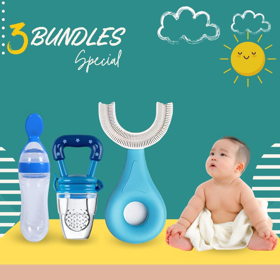 3 pack combo deal fruit pacifier + feeder spoon + U shape toothbrush for kids silicone multicolor