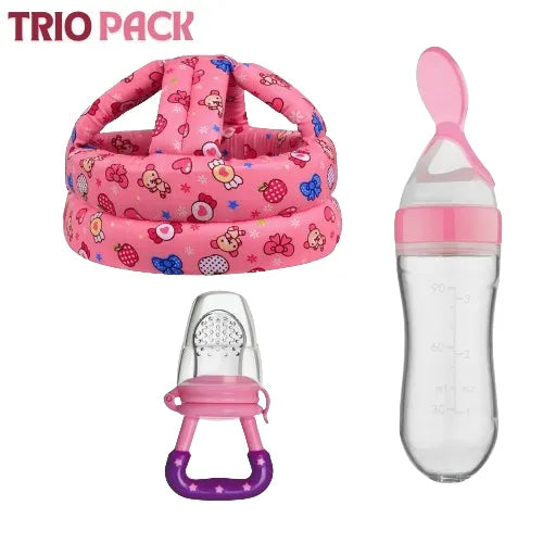 Baby Safety & Feeding Bundle 3 in 1 – Infant Safety Helmet | Silicone Spoon Feeder | Fruit Pacifier Feeder for Newborns & Toddlers