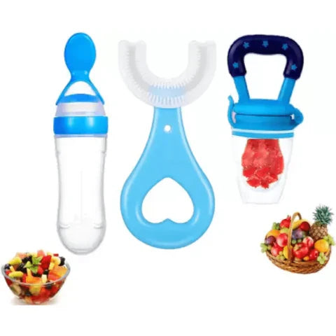 3 pack combo deal fruit pacifier + feeder spoon + U shape toothbrush for kids silicone multicolor